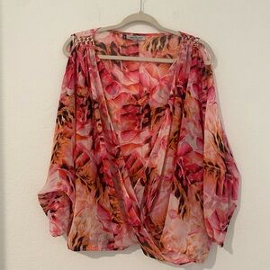 Jennifer Lopez Vibrant Pink and Orange Floral Blouse